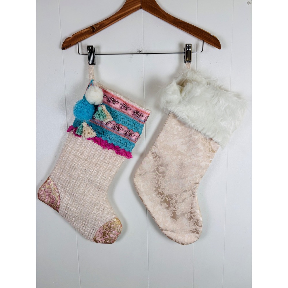 Christmas Stockings Lot 2 Cream Pink Gold PomPom Tassels Faux Fur Holiday Decor‎